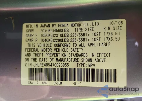 2007 Honda Cr-V Ex z USA, uszkodzony, nr VIN JHLRE48547C023955